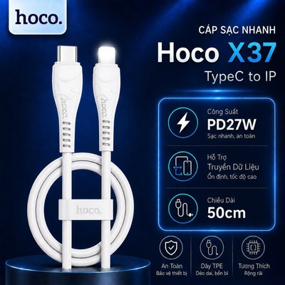 Cáp sạc nhanh PD27W Type-C to IP Hoco X37 –  Sạc nhanh, bền bỉ, an toàn cho 14 trở xuống dài 50CM
