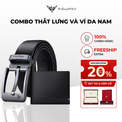 Combo ví và thắt lưng nam da WILLIAMPOLO chính hãng cao cấp thiết kế lịch lãm kèm túi và hộp gỗ POLO20030P