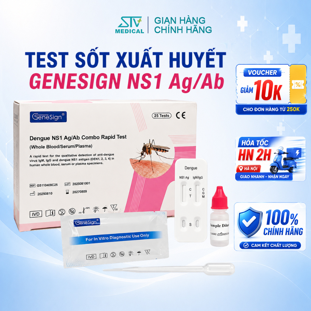 Kit Test Sốt Xuất Huyết Genesign NS1 Ag/Ab Chính Hãng - Test Nhanh Dengue NS1 IgG IgM 25 Test/hộp