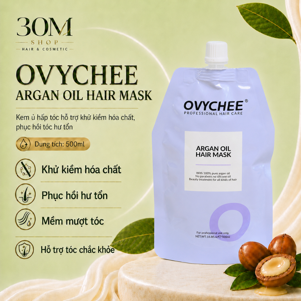 Kem Ủ Tóc Ovychee Argan Oil Hair Mask 500ml Hỗ Trợ Khử Kiềm, Phục Hồi Tóc Hư Tổn, Dưỡng Tóc Mềm Mượt