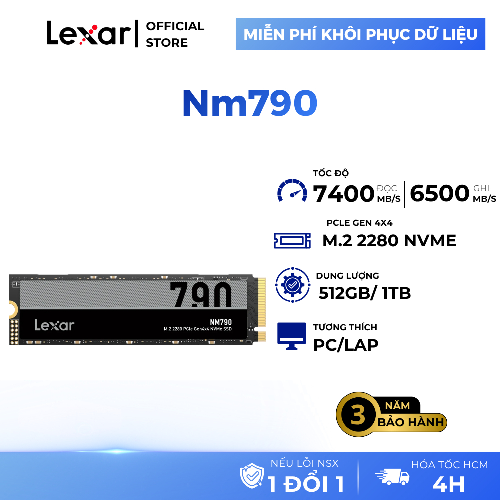 Ổ cứng SSD Lexar NM790 M.2 2280 Gen4x4 NVMe 512GB/ 1TB, Tốc độ đọc 7400Mb/s, Bảo hành 3 năm