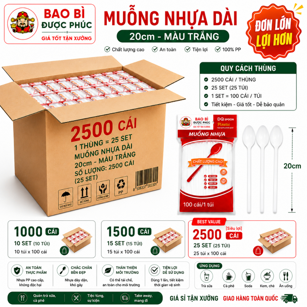 [1000-2500 cái] Siêu rẻ - Muỗng Nhựa Dài 20cm Màu Trắng | Thìa nhựa dài | Muỗng nhựa dùng 1 lần