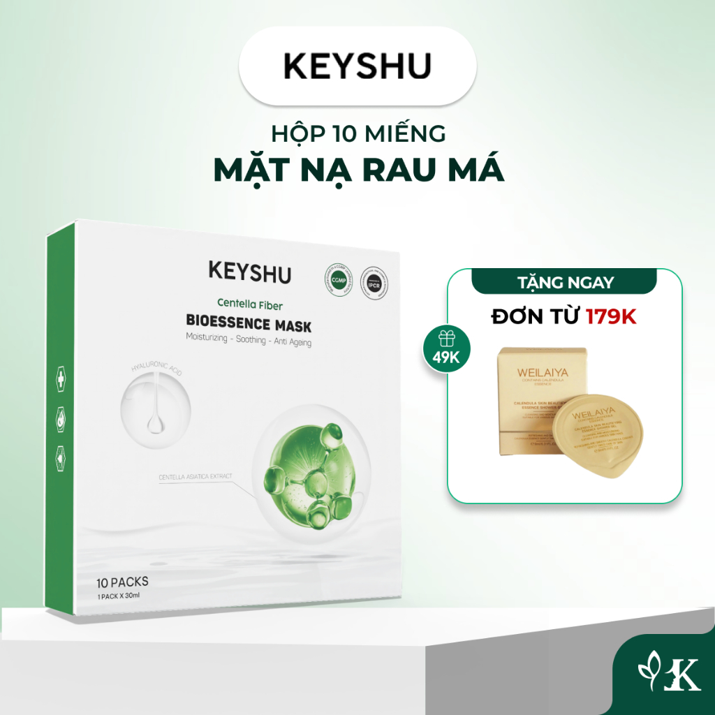 Hộp 10 miếng mặt nạ sợi xơ rau má Centella Fiber KEYSHU 30ml hỗ trợ dưỡng ẩm và ngăn ngừa lão hoá