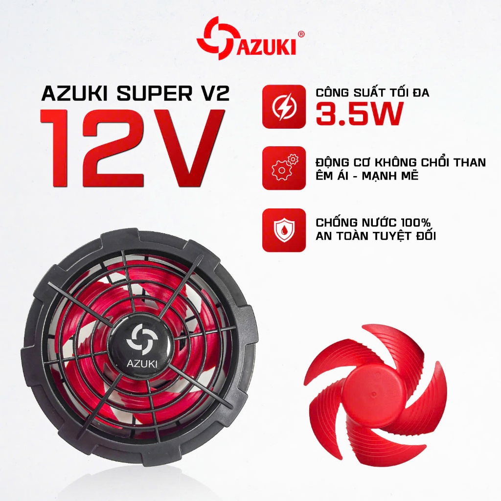 Quạt Áo điều hoà Azuki 12V 2026 Siêu Mạnh, BH 12 Tháng Chính Hãng