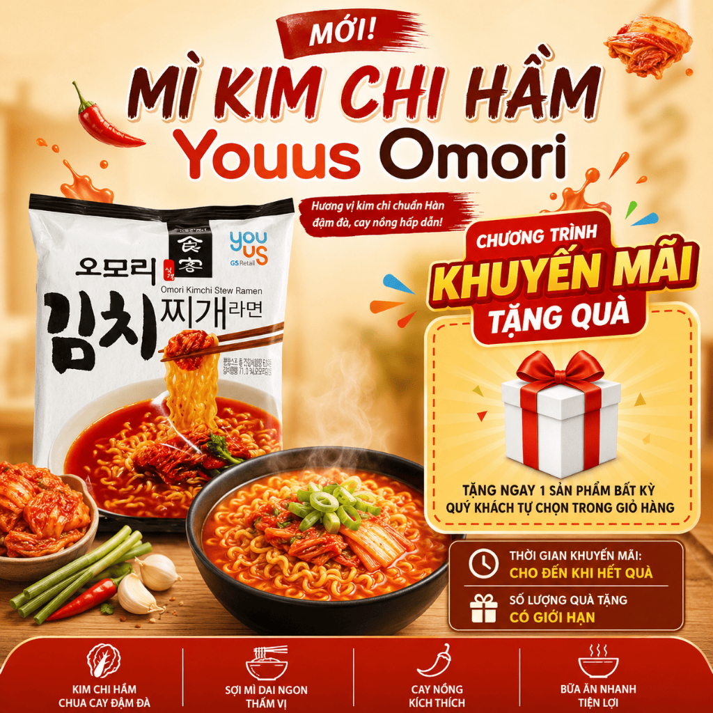Mì Kim Chi Hầm Youus Omori (Dạng Gói, Không Thịt) - Kimchi Jjigae Noodle Stew Ramyun