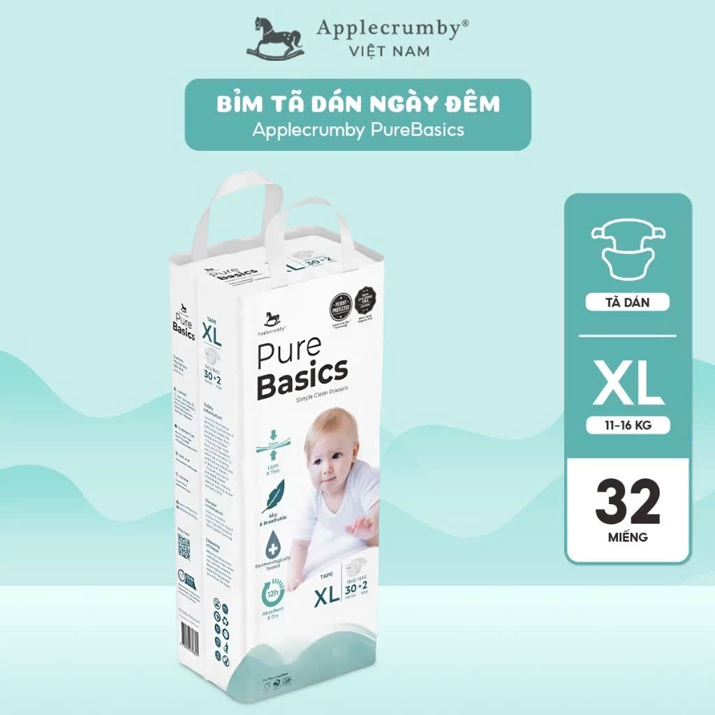 [APPLECRUMBY] Bỉm tã dán ngày đêm Applecrumby Purebasics Diapers Tape