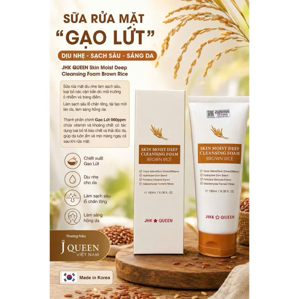 Sữa Rửa Mặt JHK - QUEEN Gạo Lứt  Dịu Nhẹ, Sạch Sâu, Sáng Da 180ml - DA39