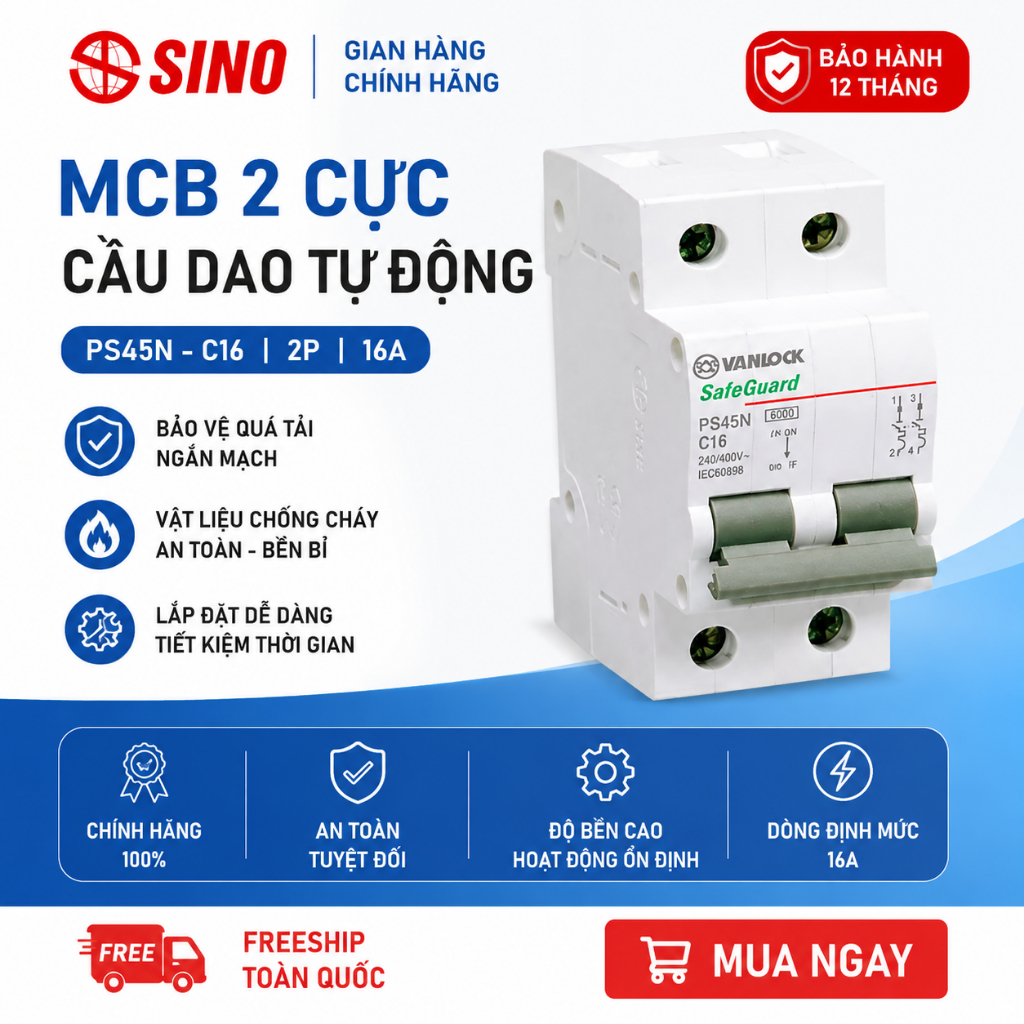 APTOMAT SINO MCB 2F 20A-32A-40A-50A-63A Chống Chạm