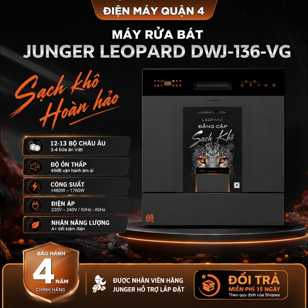 Máy Rửa Bát Junger Leopard DWJ-136-VG 13 Bộ AI Cleaning UV Diệt Khuẩn Sấy Độc Lập