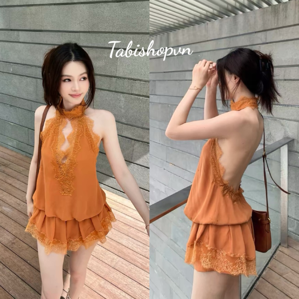 Đầm yếm hở lưng phối ren(kèm quần) TABISHOP Váy nữ form ngắn sexy mặc hè đi dạo đi chơi(363)