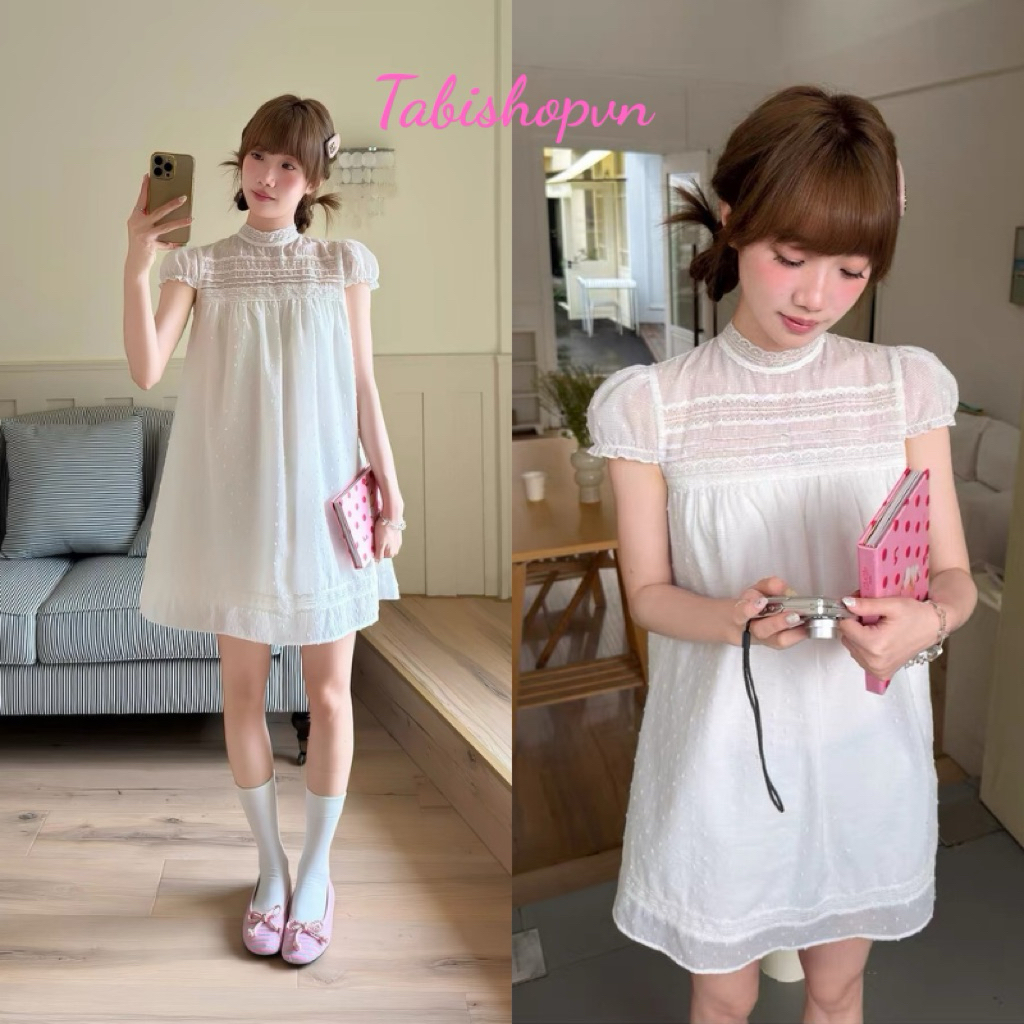 Đầm babydoll cổ cao vải xô hạt TABISHOP Váy nữ form xoè dễ thương mặc đi học đi chơi(365)
