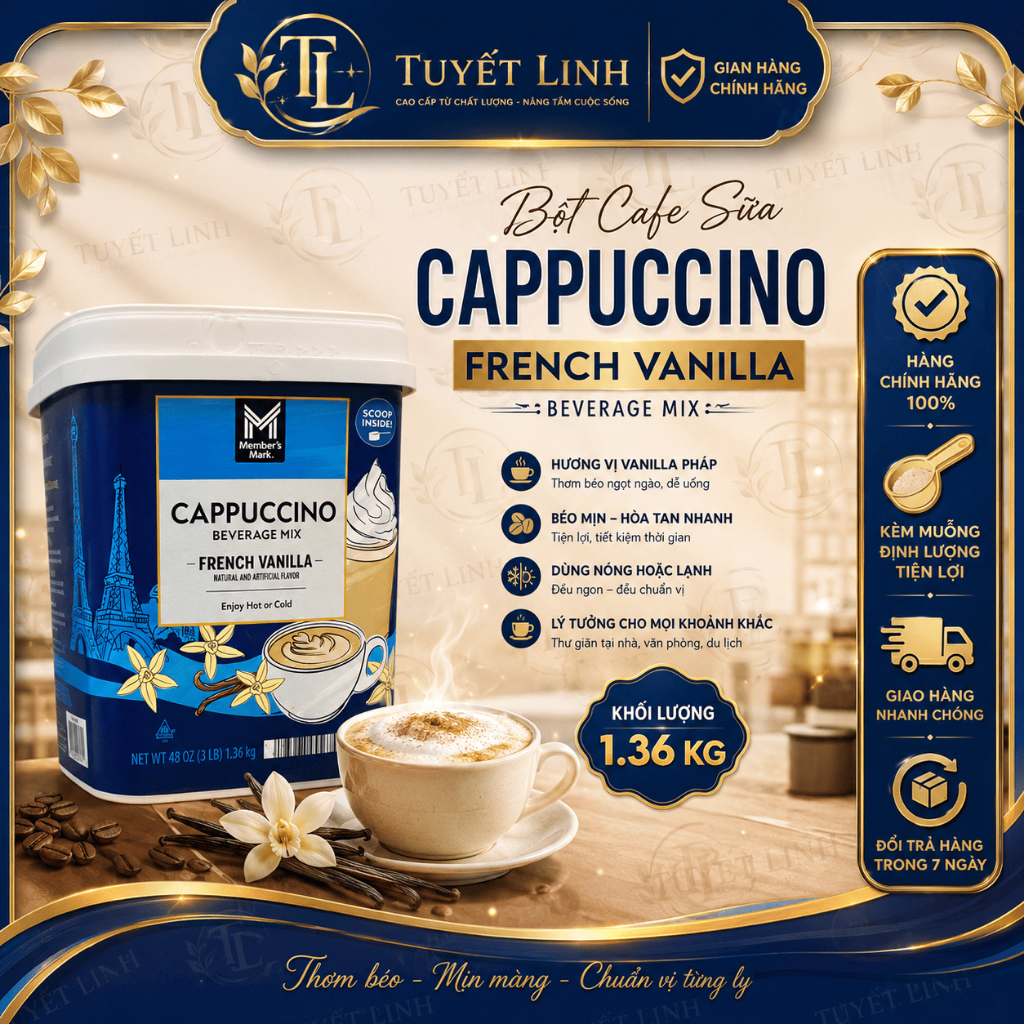 BỘT PHA CÀ PHÊ CAPPUCCINO VỊ VANI CỦA MỸ MEMBER’S MARK CAPPUCCINO BEVERAGE MIX FRENCH VANILLA HỘP 1.