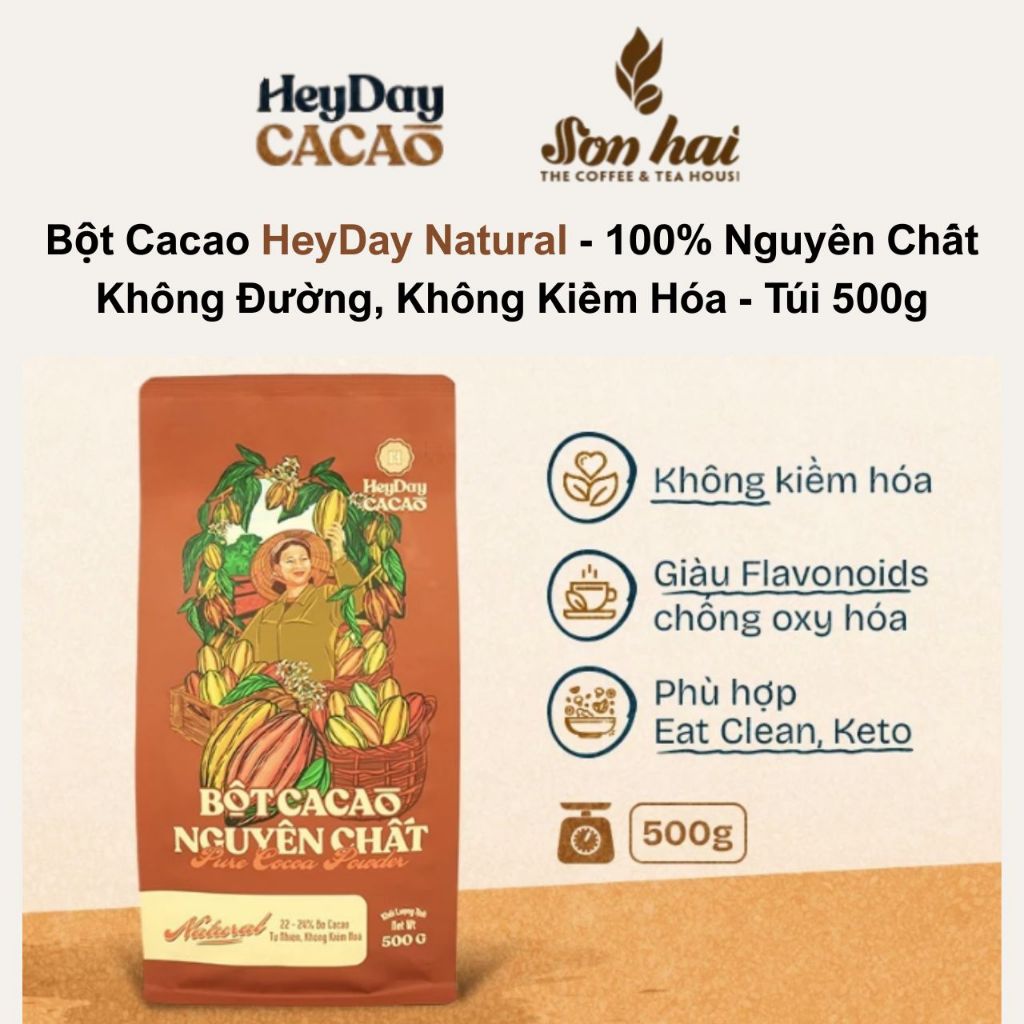 Bột Cacao Heyday Natural - Nguyên Chất Thuần Tự Nhiên, Không Kiềm Hóa - Túi 500g