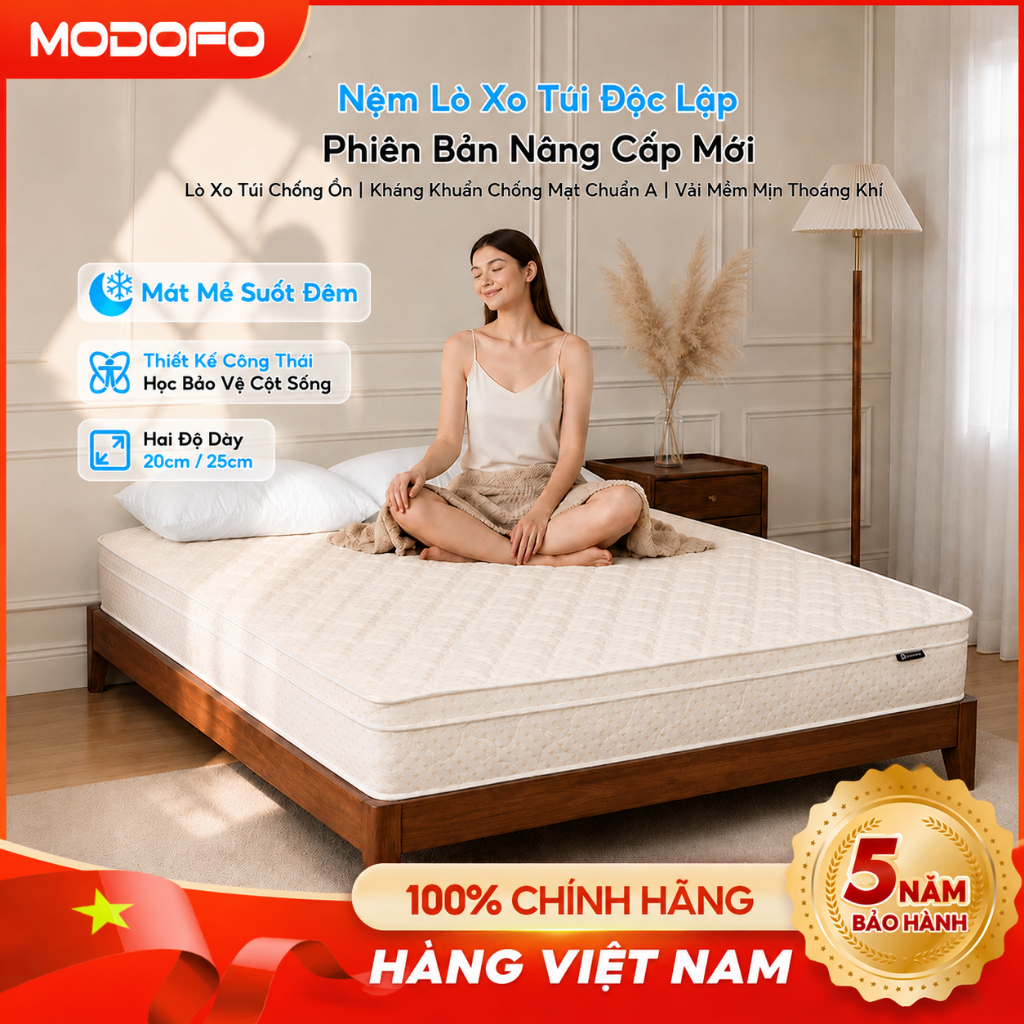 MODOFO Nệm Lò Xo Túi Độc Lập 20cm Cao Cấp 1m8x2m Thoáng Khí Mát Mẻ Phòng Ngủ-đệm giường