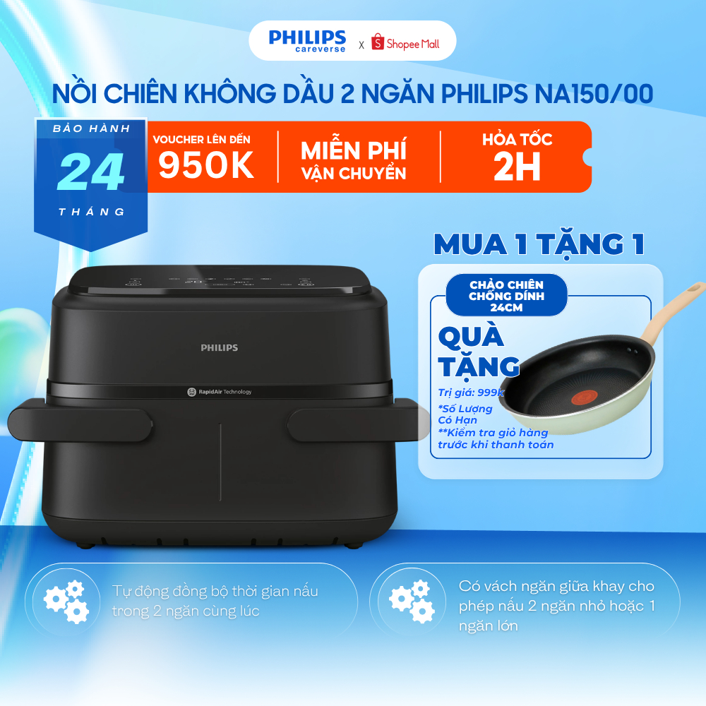 Nồi Chiên Không Dầu 2 Ngăn PHILIPS NA150/00 (7.1L) Hai Ngăn Độc Lập, Nấu Song Song, Tiện Lợi