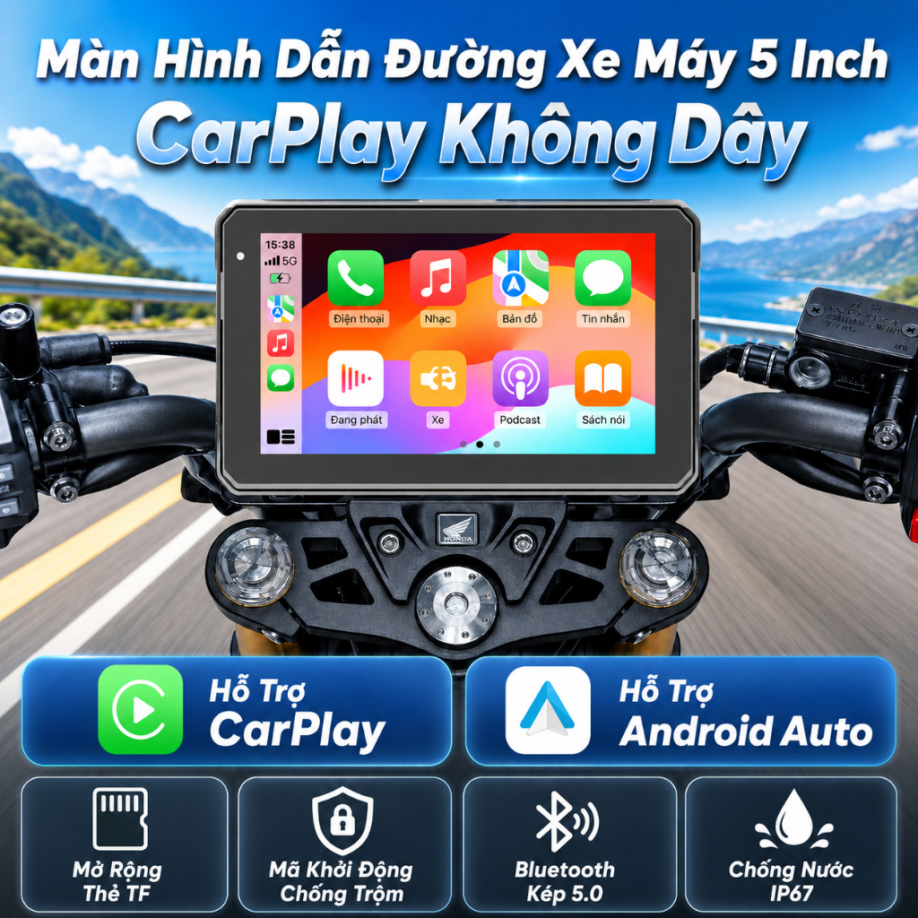 Màn hình CarPlay xe máy 5 inch cảm ứng IPS, màn hình dẫn đường GPS Bluetooth chống nước cho xe máy