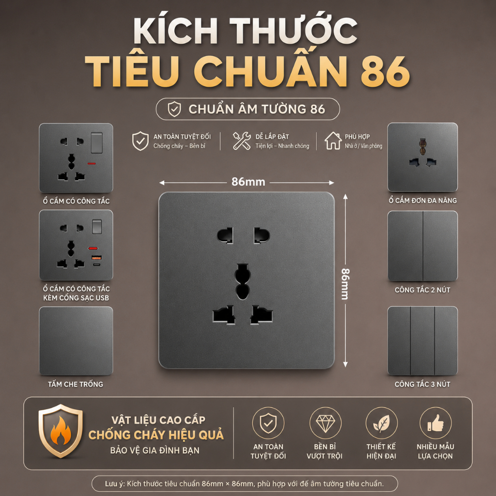 Ổ điện âm tường 86x86 màu xám, ổ cắm điện đa năng, ổ cắm điện thông minh, công…