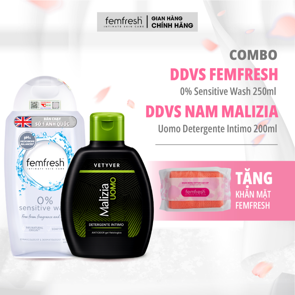 [MUA 2 TẶNG 1] Combo Dung Dịch Vệ Sinh Femfresh 0% Sesitive Wash Và Dung Dịch Vệ Sinh Nam Malizia Dà