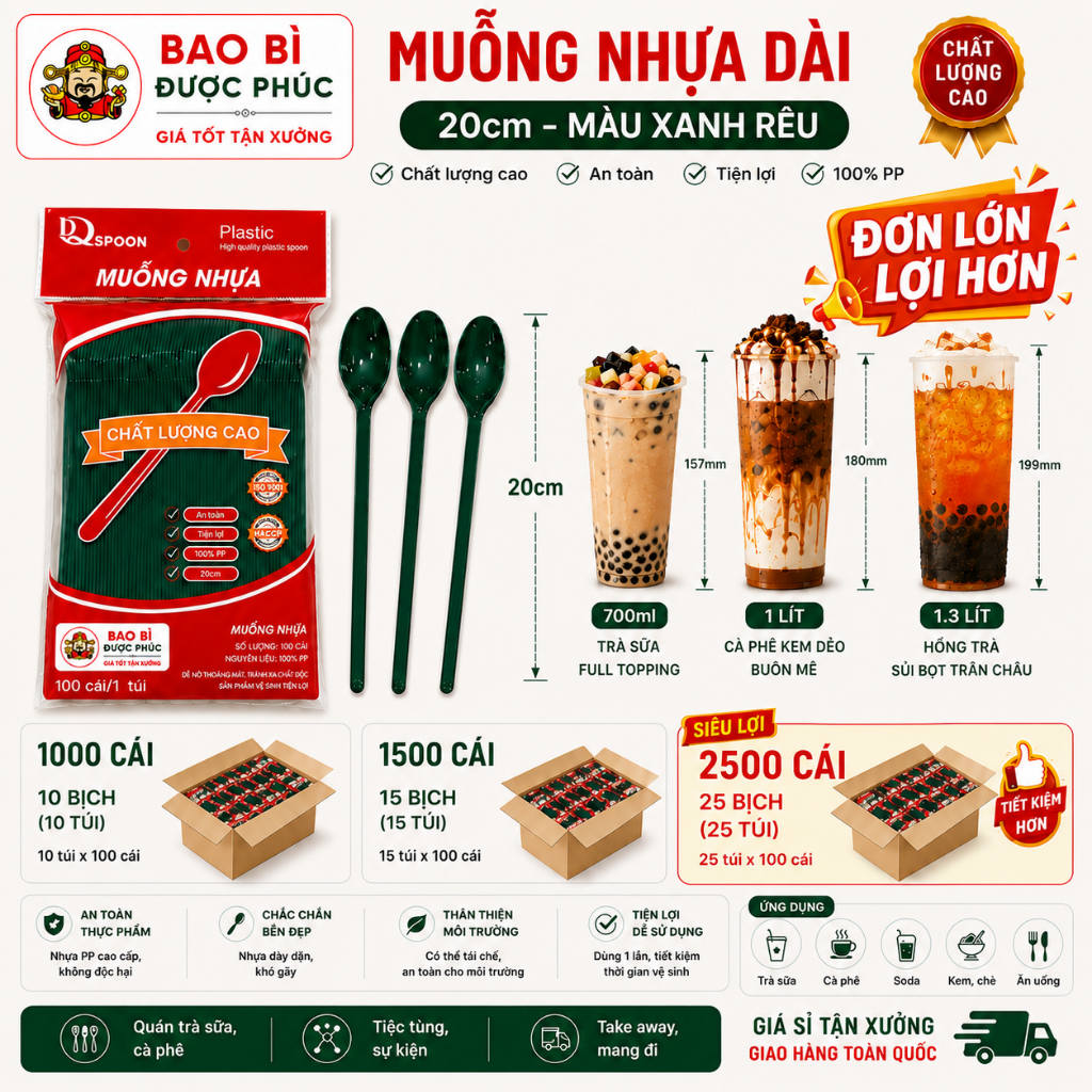 [1000-2500 cái] Siêu rẻ - Muỗng Nhựa Dài 20cm Xanh Rêu | Thìa nhựa dài | Muỗng nhựa dùng 1 lần