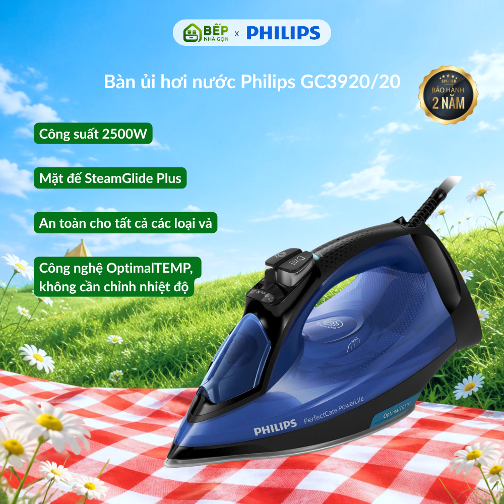 Bàn ủi hơi nước Philips GC3920/20 Xanh dương và đen - Mặt đế SteamGlide Plus | Công suất 2500W