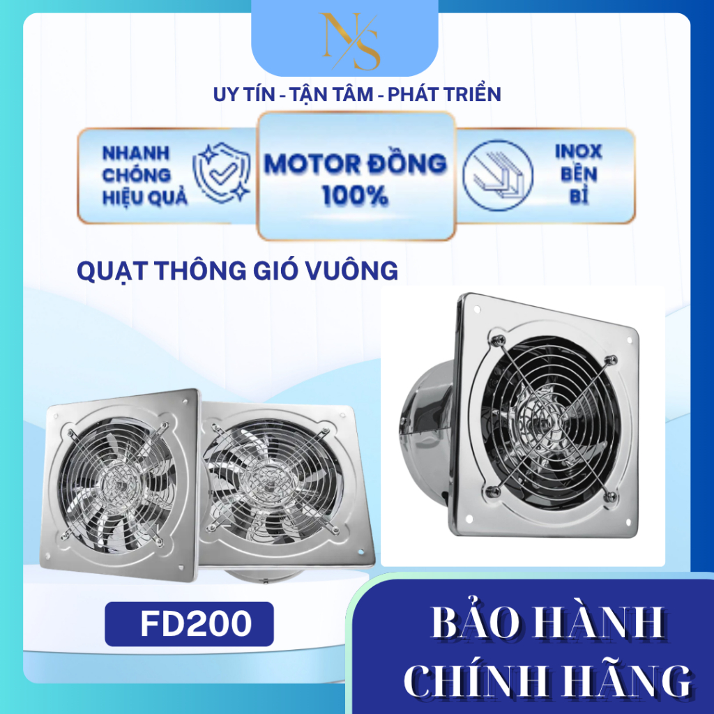 Quạt Thông Gió Hút Mùi Inox Vuông Ninh Sơn FD200 - 80W Hút Mùi Thông Gió Nhà Bếp Nhà vệ Sinh Phòng K