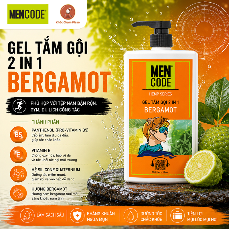 GEL TẮM GỘI NAM GIỚI 2 IN 1 MENCODE H.E.M.P N' BERGAMOT