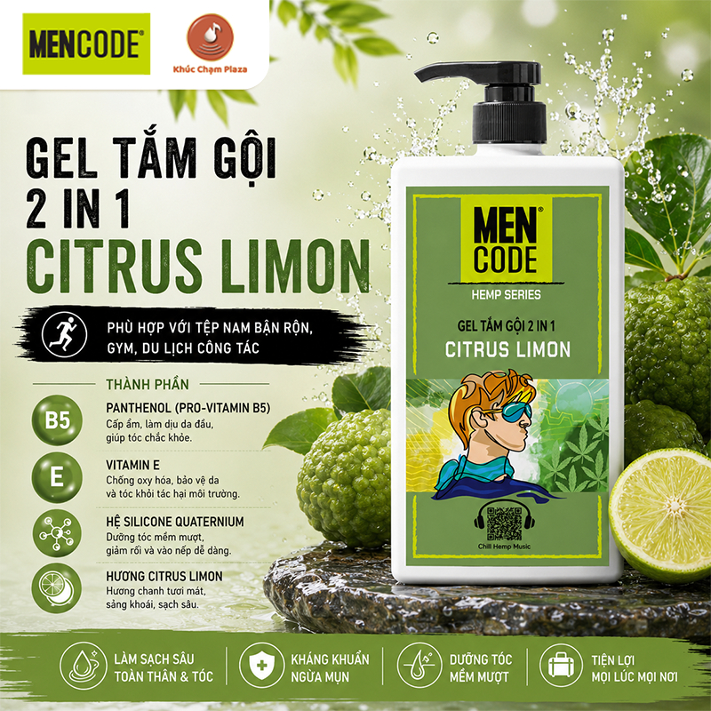 GEL TẮM GỘI NAM GIỚI 2 IN 1 MENCODE H.E.M.P N' CITRUS LIMON