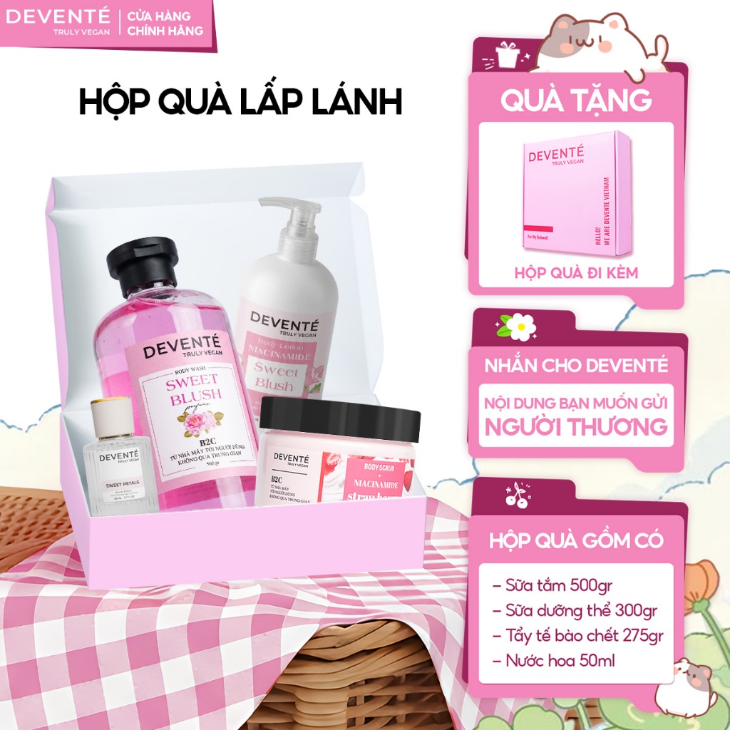 Set Quà Tặng DEVENTE Gồm Sữa tắm 500g + Tẩy tế bào body 275g + Bodylotion 300g + Nước hoa 50ml