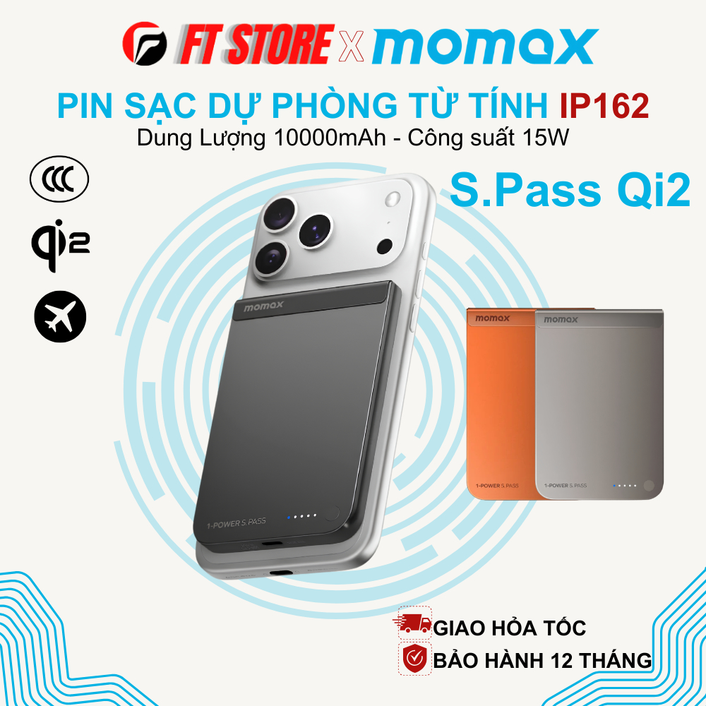 Pin Sạc Không Dây Từ Tính MOMAX 10000mAh IP162 Qi2 15W 1-Power S.Pass Thiết Kế Mỏng