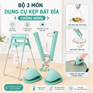 Bộ Dụng Cụ Kẹp Gắp Bát Đĩa Chống Nóng - Găng Tay Nhắc Nồi Silicon 3 Chi Tiết Đa Năng / Dụng Cụ Gắp Thức Ăn Nóng