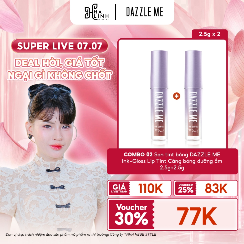 [VHL x DAZZLE ME] COMBO 02 Son tint bóng DAZZLE ME Ink-Gloss Lip Tint Căng bóng dưỡng ẩm 2.5g+2.5g