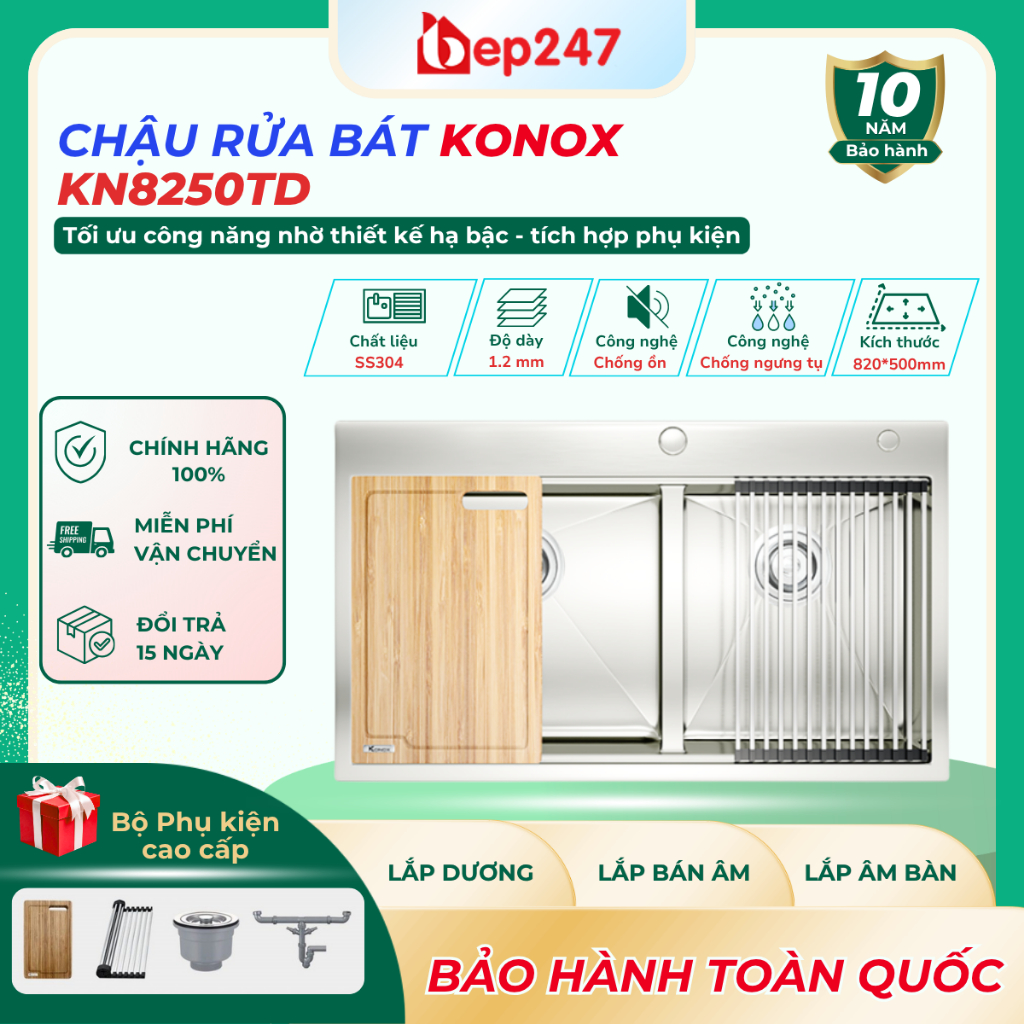 Chậu Rửa Bát Konox KN8250TD Inox 304 2 Hố Lệch Workstation Cao Cấp Kèm Thớt Gỗ, Kích Thước 82x50cm