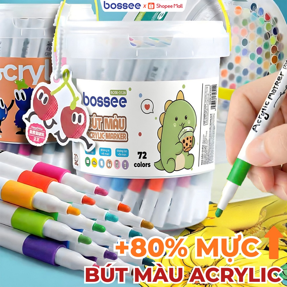 Bộ Màu Acrylic Maker Ngòi Tròn Diy Trên Nhiều Chất Liệu, Bút Maker Chồng Màu Che Phủ Cao Bossee