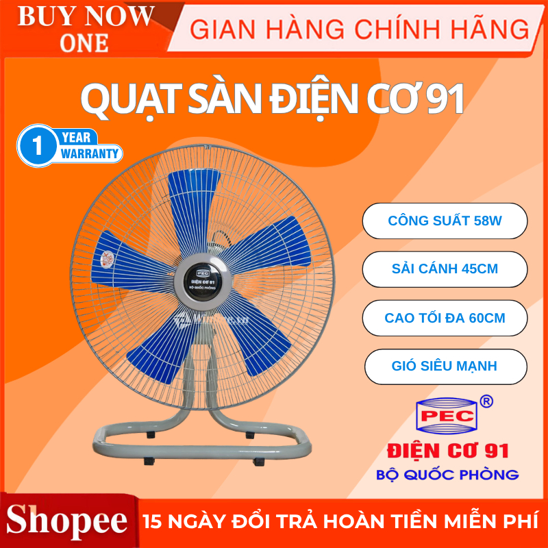 Quạt sàn Điện Cơ 91 QS450, 58W siêu mát, cánh 45cm, bảo hành 1 năm