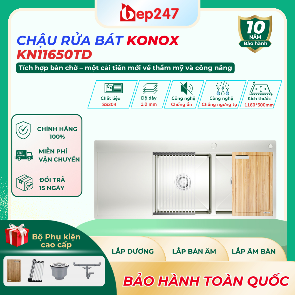 Chậu Rửa Bát Konox KN11650TD Inox 304 2 Hố Có Bàn Chờ Kèm Thớt Và Rollmat Chính Hãng