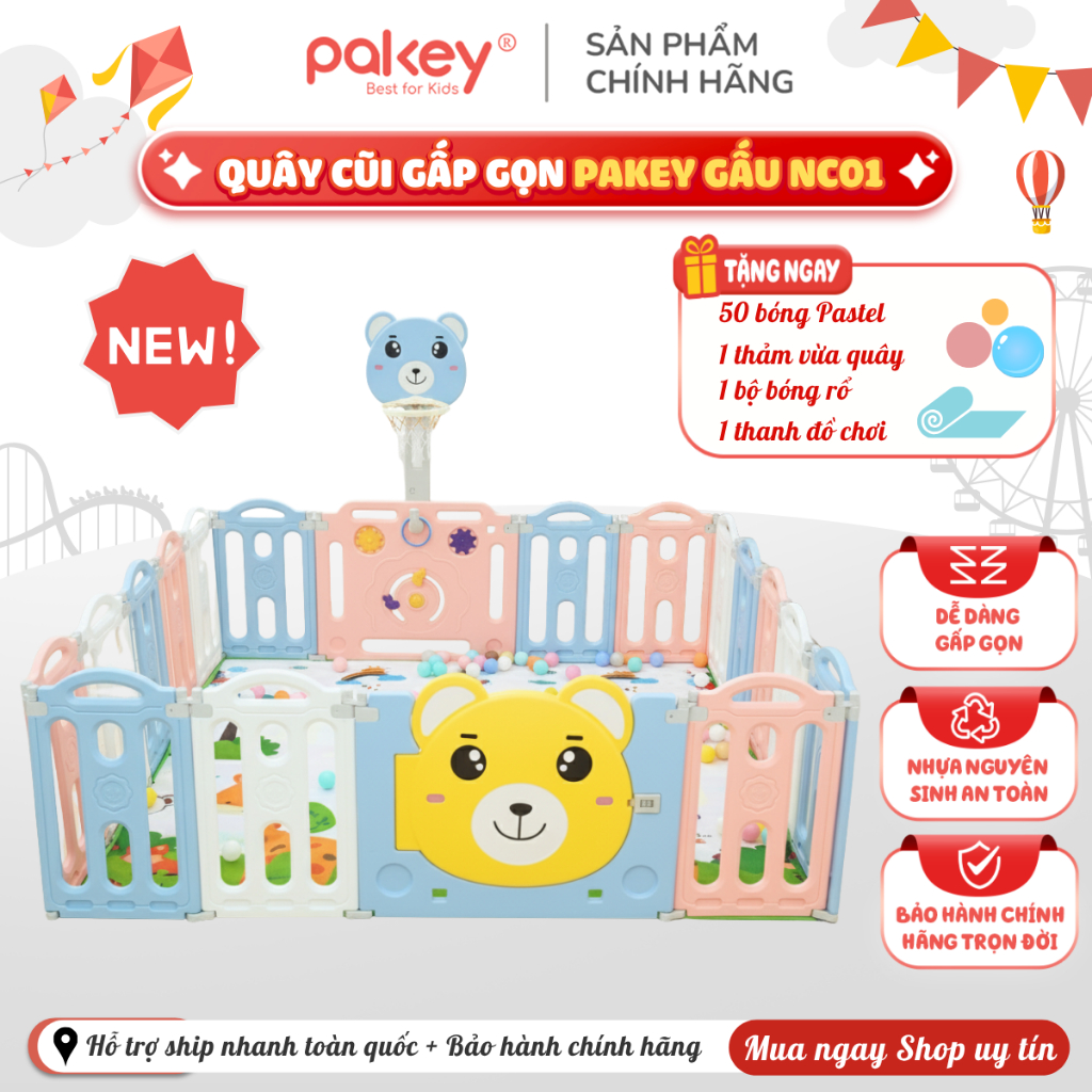 Quây Gấp Gọn Pakey NC01 New 2026, Quây Cũi Cho Bé TẶNG 50 BÓNG +THẢM+ TRỤ BÓNG RỔ Siêu Dày Dặn Chắc 