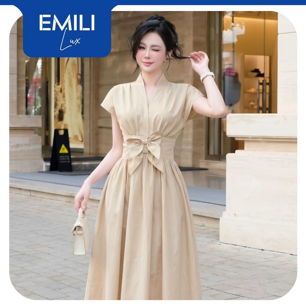 Váy midi công sở tay ngắn dáng xòe thắt eo nơ Emili Lux phong cách Hàn Quốc thanh lịch cho nữ V573
