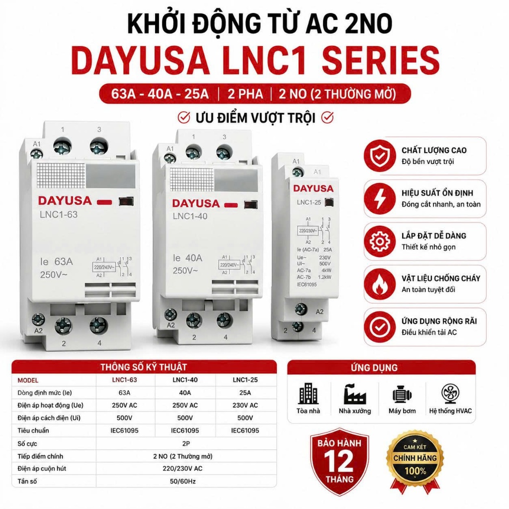 (HÀNG XỊN) KHỞI ĐỘNG TỪ 1 PHA 2P 2NO - CONTACTOR DAYUSA MODEL LNC1-63 2NO 25A,40A VA2 63A