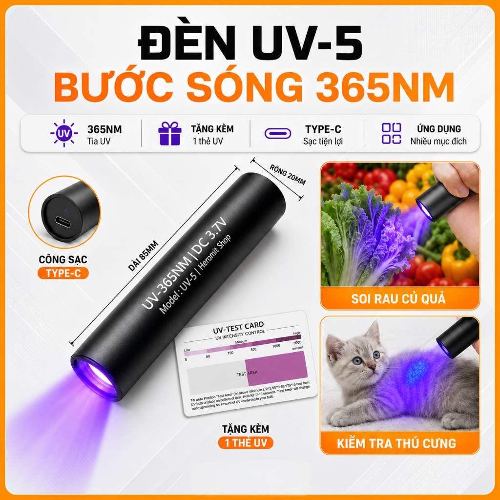 Đèn UV 365nm sạc Type-C | Đèn Tia Cực Tím Soi Tem , Test Khẩu Trang , Nấm Mèo UV-5 ( kèm Thẻ UV )