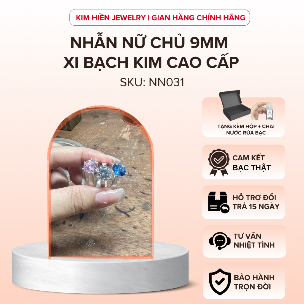 NN031 - Nhẫn nữ bạc ý đính chủ 9mm đá CZ 6A xi bạch kim cao cấp| Kim Hiền Jewelry Trang sức bạc ý