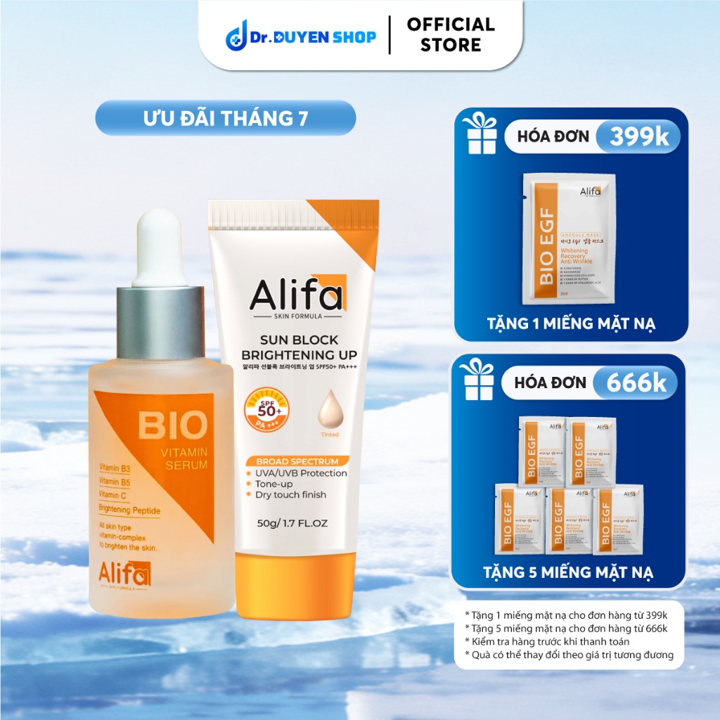 Combo dưỡng da Alifa 1 - Kem chống nắng cho mặt 50g và Serum dưỡng ẩm, dưỡng trắng da BIO 35ml
