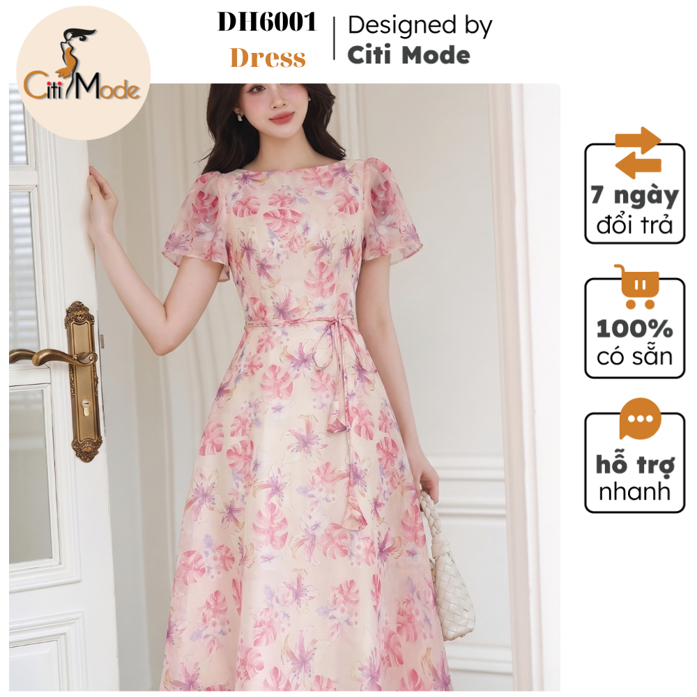 Đầm công sở CITI MODE FASHION thiết kế Đầm xòe hồng cổ thuyền thắt đai DH6001