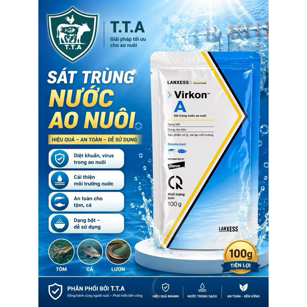Virkon A Elanco gói 100g tiện lợi, xử lý, cải tạo môi trường nước nuôi tôm, cá, cá cảnh