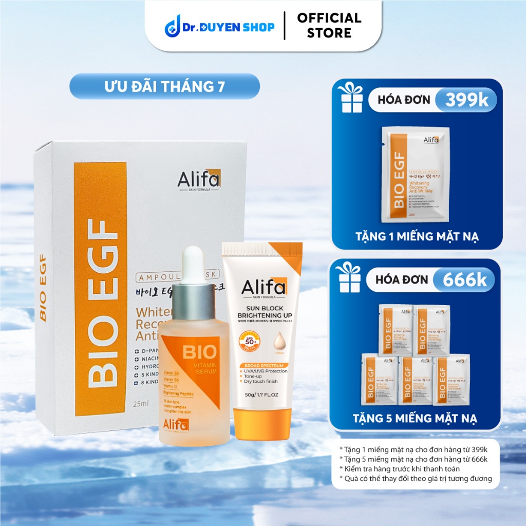 Combo dưỡng da Alifa 4 - Serum dưỡng ẩm, dưỡng trắng da 35ml - Hộp 10 Mặt nạ 25ml - Kem chống nắng c