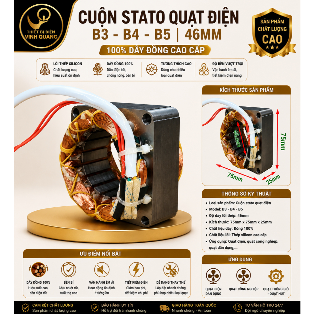 Cuộn Stator Quạt Điện B3 B4 B5 Lõi 46mm Dây Đồng Phụ Kiện Thay Thế Quạt Điện