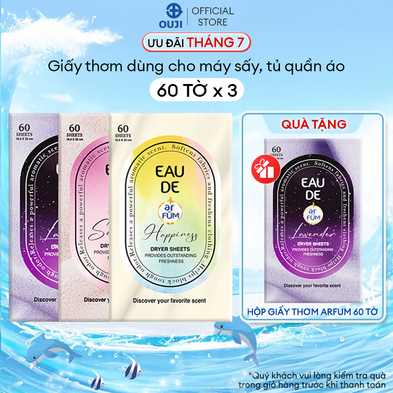 Combo 3 Giấy Thơm Arfum Làm Mềm Vải Và Chống Tĩnh Điện, Khử Mùi Tủ Giày, Tủ Quần Áo (60 Tờ/ Hộp)