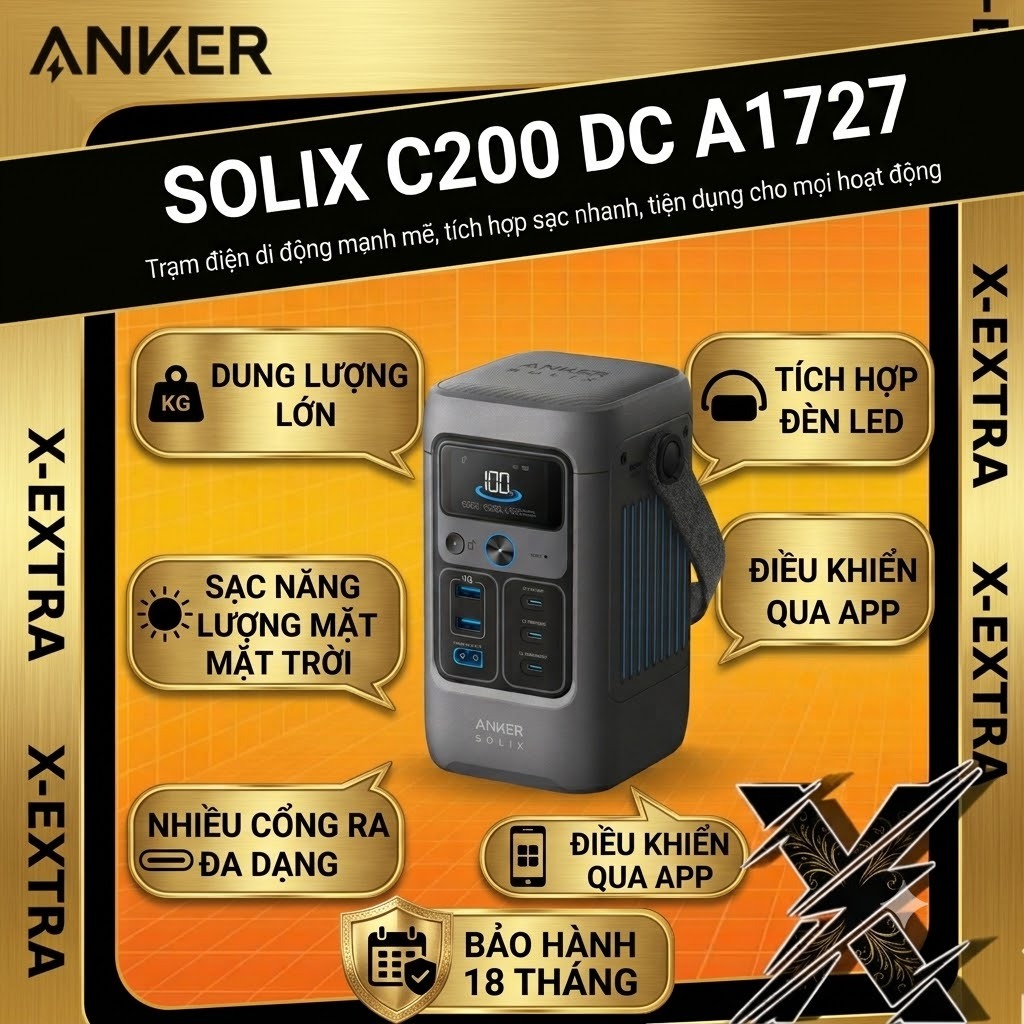 Trạm Dự Phòng Anker SOLIX C200 DC A1727 dung lượng 60000mAh, công suất type C 140W (192Wh) | 200W
