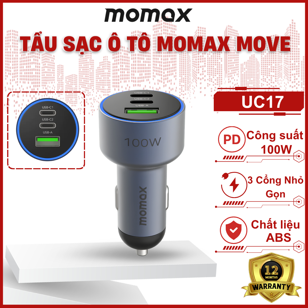 Tẩu sạc nhanh ô tô MOMAX MoVe UC17 100W | 3 cổng nhỏ gọn | Hỗ trợ PD/QC3.0 | 2 USB-C PD + 1 USB-A