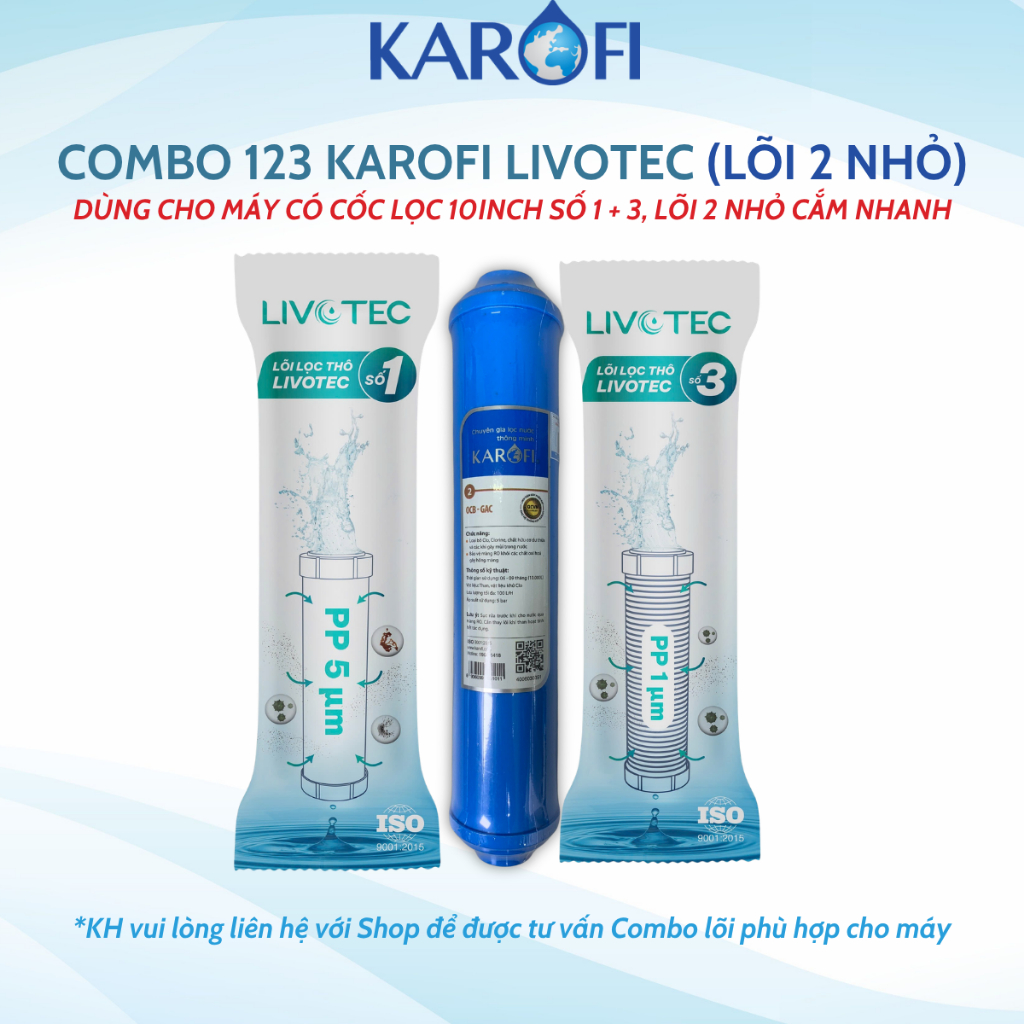 Bộ 3 Lõi Lọc Nước Karofi 123 Với Lõi Số 2 OCB Nhỏ cắm nhanh dùng cho các 1 số model máy Karofi B930,