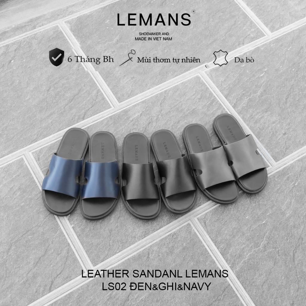 Dép da nam LEMANS L4S.02 - Dép quai ngang da bò, đế cao su có mùi thơm, thiết kế quai da 3 lớp chính